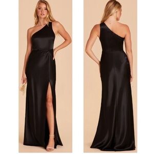BIRDY GRAY shiny black satin one shoulder Kira gown